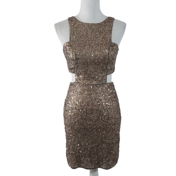 EXPRESS! GOLD SEQUIN EMBELLISHED STRETCH CUTAWAY SIDES, CLUB, PARTY DRESS! SZ 6 - Picture 2 of 10